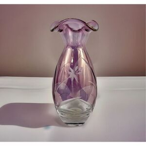 Lenox Amethyst Etched Crystal Vase Petite Floral 9 in Ruffle Edge